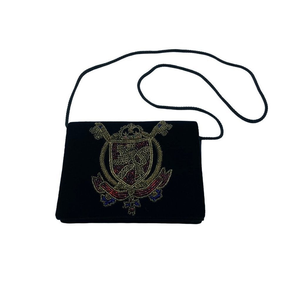 Vintage‎ Carolyne Barton Black Velvet Crossbody Purse Coat of Arms 7" x 5.5"